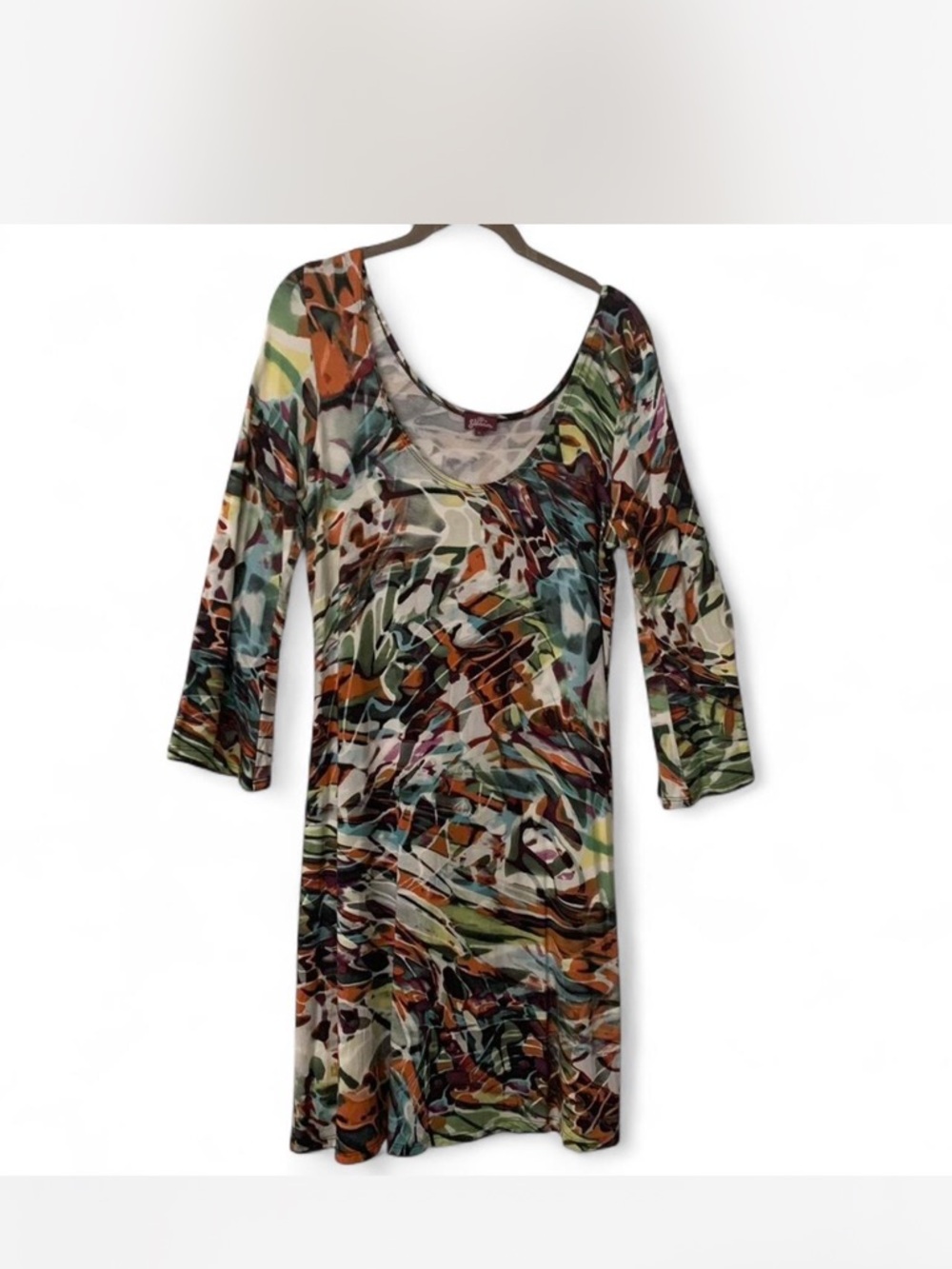 Artsy Groovy 70’s style Abstract Multicolor  Long Sleeve Dress size L